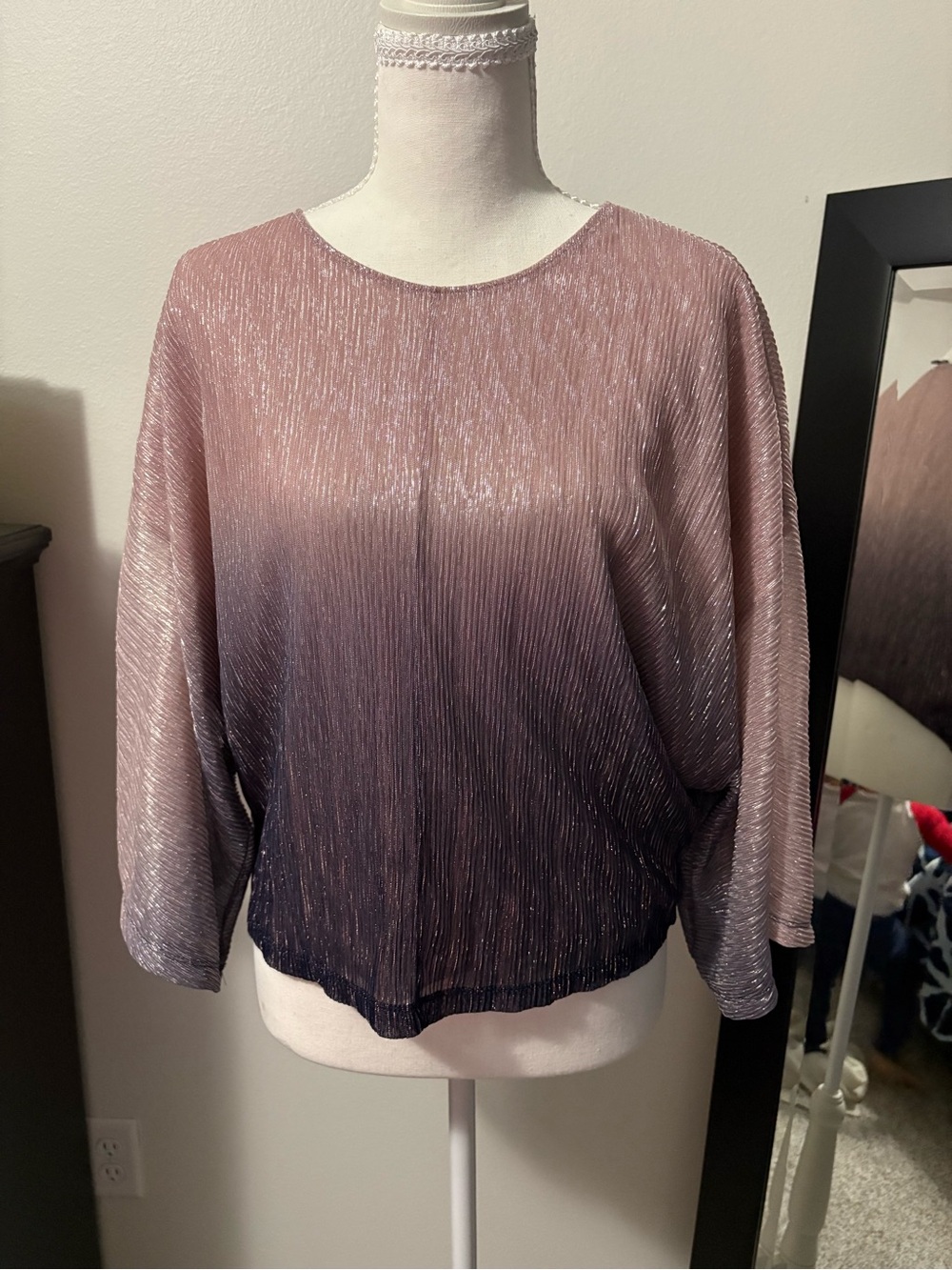 Anthropologie Ombre Metallic Pleated Blouse - Pink to Navy